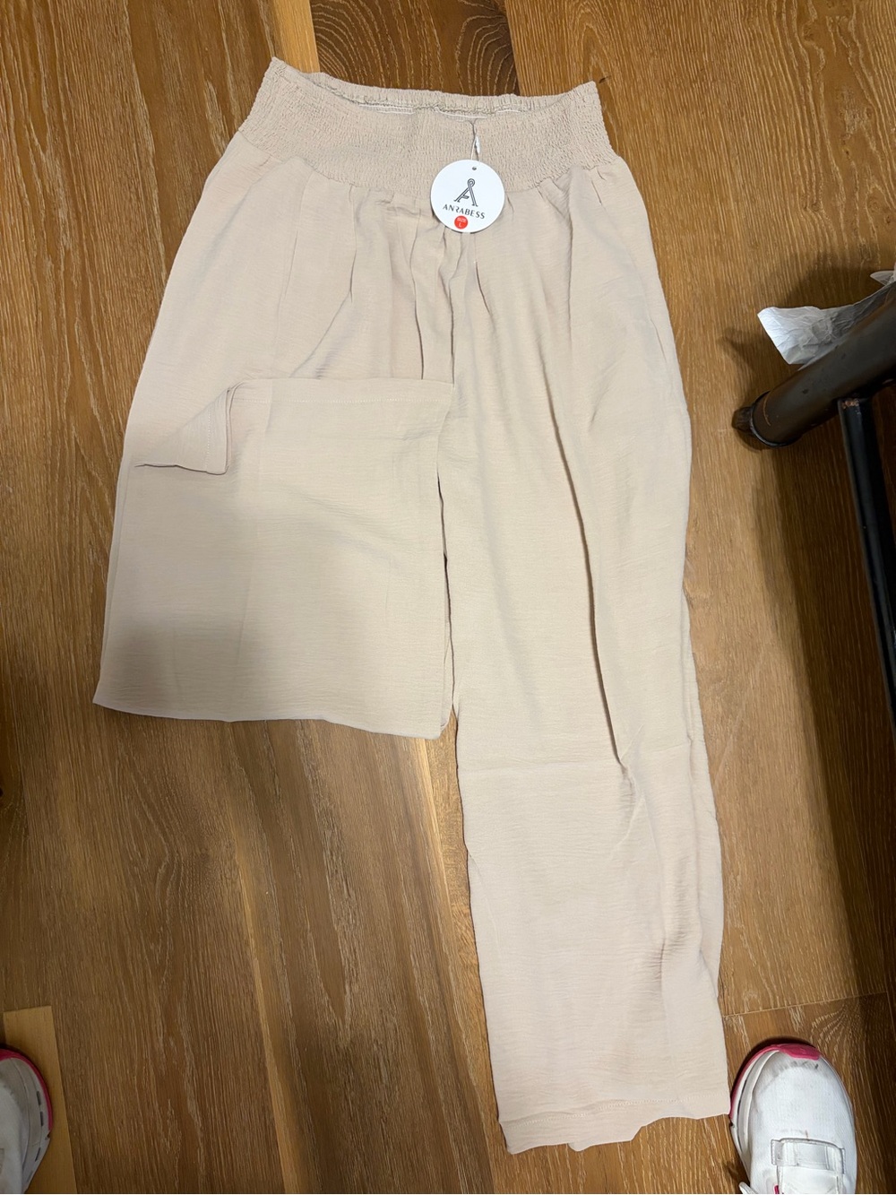 Light Beige Wide-Leg Smocked-Waist Pants